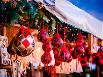 Colorful Christmas decorations on  Trentino Alto Adige, Italy Christmas market