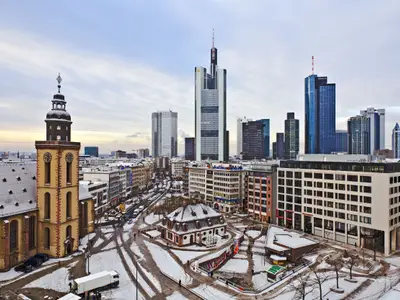 FRANKFURT, GERMANY - DECEMBER 14: view to skyline of Frankfurt with Hauptwache and skyscraper early morning on December 14,2010 in  Frankfurt, Germany.