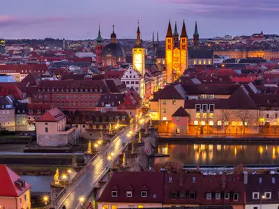 Aerial panoramic view of Old Town with cathedral, city hall and Alte Mainbrucke in Wurzburg, part of the Romantic Road, Franconia, Bavaria, Germany