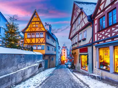 Rothenburg ob der Tauber, Christmas decorated city of Franconia, Bavaria in Germany.