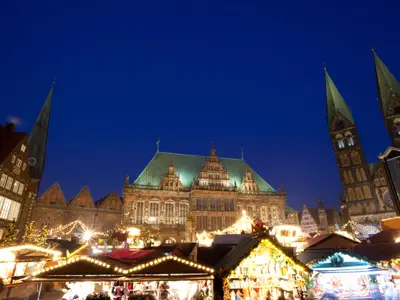 City Hall, Bremen Cathedral and Christmas market in Bremen by night, Germany