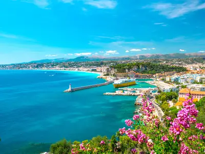 Nice city, french riviera, France. Turquoise mediterranean sea and perfect blue sky