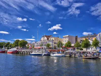 Warmem�ostock, Germany A view of the canal that runs through the center of this tourist town lined with restaurants, stores and parks