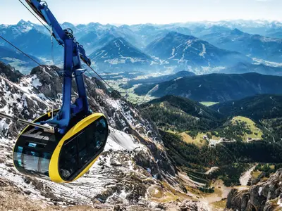 Cable car or gondola to mountain peak of Dachstein glacier in Austrian Alps