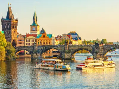 Charles Bridge and architecture of the old town in Prague, Czech republic. Vltava river. Landmarks of the Prague. Old town in Prague.