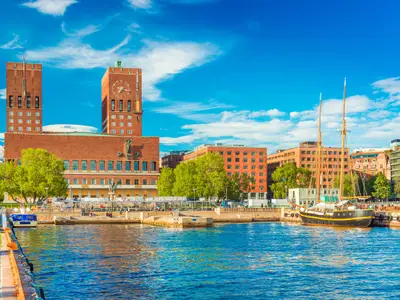 Cityscape of Oslo with the City Hall and the harbour, Norway