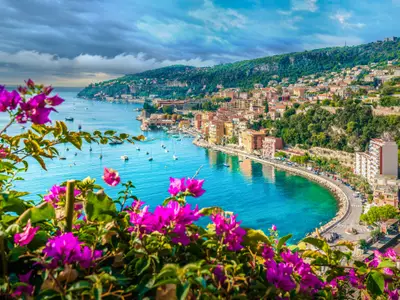 French Riviera coast with medieval town Villefranche sur Mer, Nice region, France
