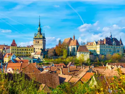 Panoramic view over the medieval fortress Sighisoara city, Transylvania, Romania