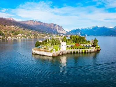 Isola Bella and Stresa town aerial panoramic view. Isola Bella is one of the Borromean Islands of Lago Maggiore in north Italy.