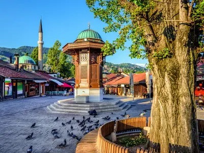 Bascarsija square with Sebilj wooden fountain in Old Town Sarajevo, capital city of Bosnia and Herzegovina