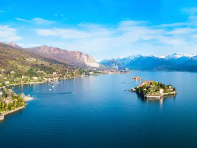 Isola Bella and Stresa town aerial panoramic view. Isola Bella is one of the Borromean Islands of Lago Maggiore in north Italy.