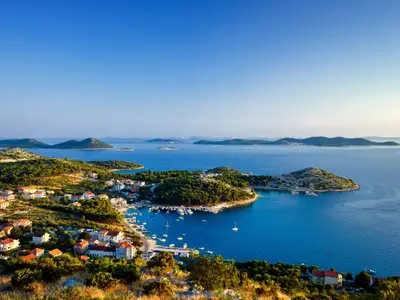 Amazing Kornati archipelago of Croatia. Northern part of Dalmatia. Sunny detail of Stomorski islands. Beautiful summer seascape with clear water from Zadar to Sibenik.