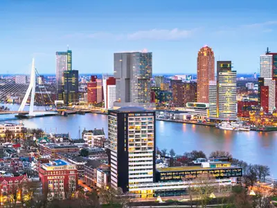 Rotterdam, Netherlands, city skyline at twilight.