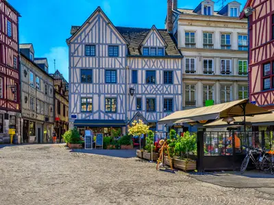 Cozy street with timber framing houses in Rouen, Normandy, France