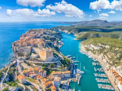 Aerial view of Bonifacio town in Corsica island, France