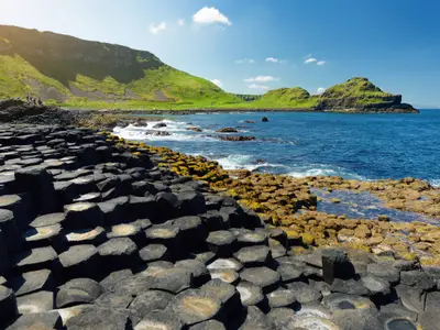 Giants Causeway, an area of hexagonal basalt stones, created by ancient volcanic fissure eruption, County Antrim, Northern Ireland. Famous tourist attraction, UNESCO World Heritage Site.
