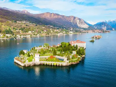 Isola Bella and Stresa town aerial panoramic view. Isola Bella is one of the Borromean Islands of Lago Maggiore in north Italy.