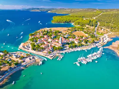 Town of Osor aerial view, bridge between Cres and Mali Losinj islands, Adriatic archpelago of Croatia