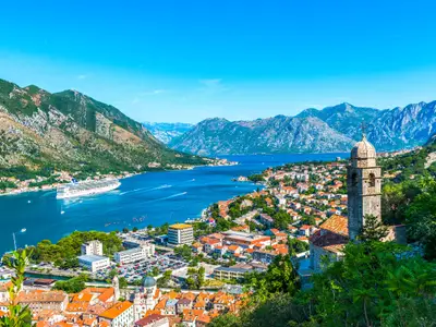 View on the old church and Kotor bay from above, Montenegro