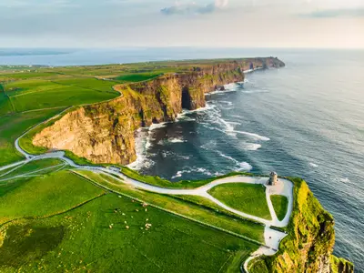 World famous Cliffs of Moher, one of the most popular tourist destinations in Ireland. Aerial view of widely known tourist attraction on Wild Atlantic Way in County Clare.