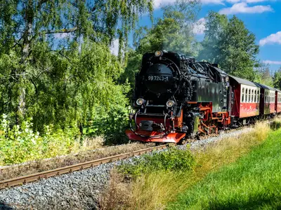 Dampfzug der Harzquerbahn bei Sorge im Harz in Sachsen-Anhalt. Schmalspurbahn mit eingleisiger, nicht elektrifizierter Strecke. Blauer Himmel mit weißen Wolken