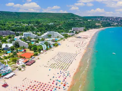 Albena, Bulgaria. Aerial view of Albena beach resort in the summer.