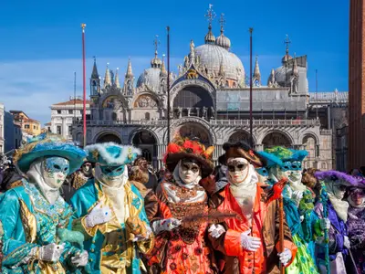 Colorful carnival masks at a traditional festival in Venice, Italy