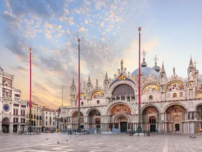 Basilica San Marco and the Clocktower in Piazza San Marco, morning view.