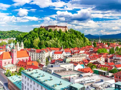 Ljubljana. Beautiful cities of Europe - charming, capital of Slovenia, panoramic view with old town and castle.