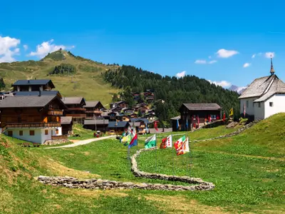 Bettmeralp, Switzerland - July 16, 2022: Idyllic tourist resort of Bettmeralp is located in the Bernese Alps on the northern slope above the Rhone Valley in Upper Valais in Switzerland