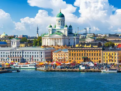 Scenic summer panorama of the Market Square (Kauppatori) at the Old Town pier in Helsinki, Finland