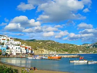 Coastal landscape with marina of Casamicciola Terme, Ischia Island, Italy