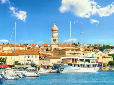 View of mediterranean coastal old town Krk, Island Krk, Croatia