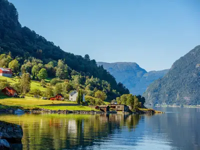 Amazing nature view with fjord and mountain. Beautiful reflection. Location: Scandinavian Mountains, Norway. Artistic picture. Beauty world