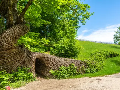 Arte Sella wood works in the nature in Trentino Alto Adige, Borgo Valsugana, northern Italy, May 24, 2020