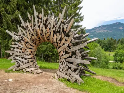 Arte Sella wood works in the nature in Trentino Alto Adige, Borgo Valsugana, northern Italy, May 24, 2020