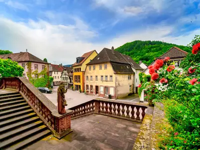 View of the old town Amorbach with the stairs of the abbey Amorbach in the foreground