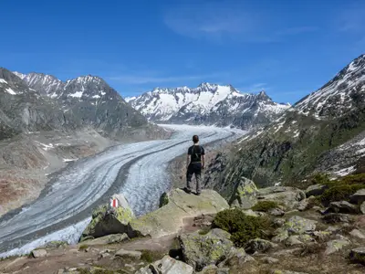 Looking down on the Aletsch glacier near Bettmeralp in the Swiss alps on a sunny day and blue sky