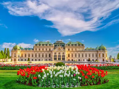 Vienna Austria city skyline at Belvedere Palace and beautiful tulip flower