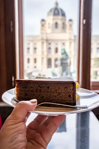 Hand with piece of famous Sachertorte chocolate cake with apricot jam of Austrian origin and window view on old Vienna
