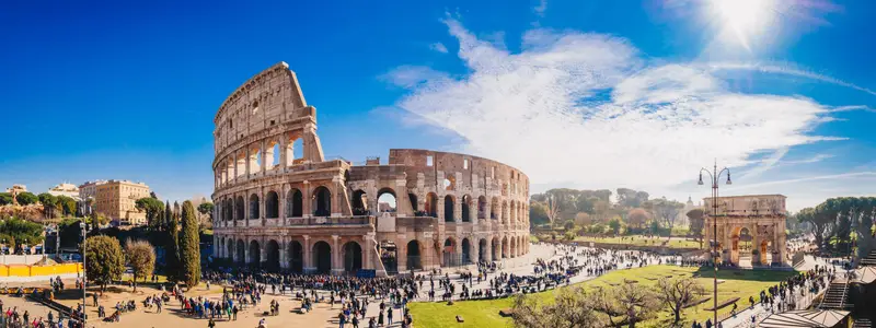 The Roman Colosseum (Coloseum) in Rome, Italy wide panoramic view