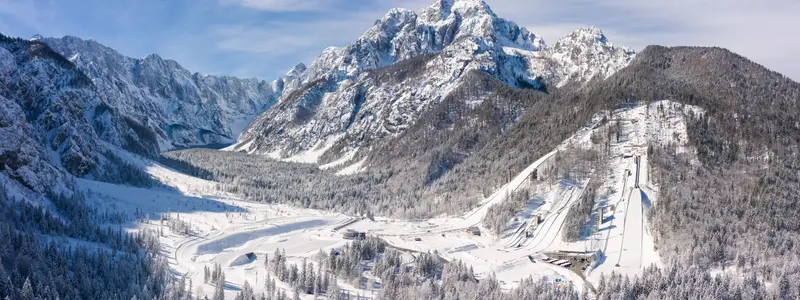 Aerial view of Ski Jump in Planica, Slovenia at Ratece near Kranjska gora in winter with snow.