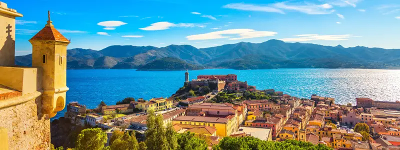 Elba island, Portoferraio aerial view from fort. Lighthouse and fort. Tuscany, Italy, Europe.