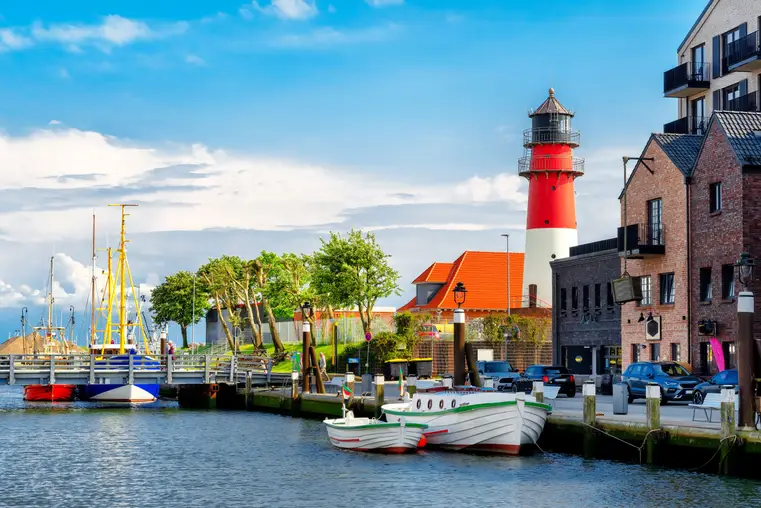 Small fisher boats are moored in the harbor of büsum in North Frisia, Germany