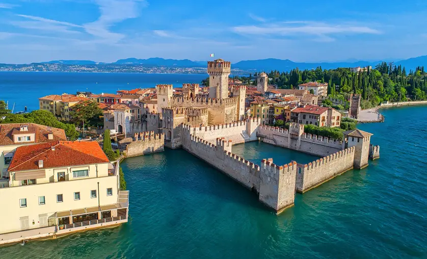 Aerial view to the town of Sirmione, popular travel destination on Lake Garda in Italy