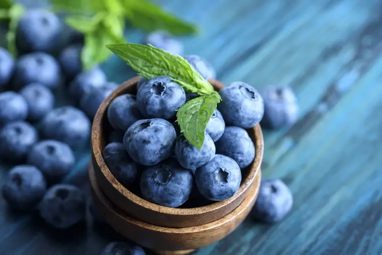 Bowl of fresh blueberries on blue rustic wooden table closeup. Colorful healthy organic seasonal fruit background. Organic food blueberries and mint leaf for healthy eating lifestyle.