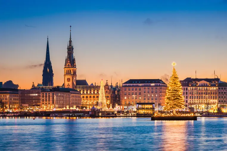 Skyline of Hamburg, Germany with Christmas market decorations