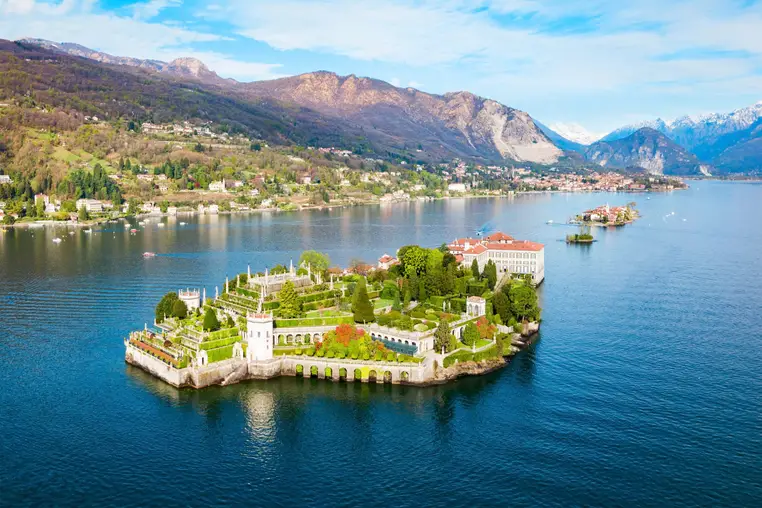 Isola Bella and Stresa town aerial panoramic view. Isola Bella is one of the Borromean Islands of Lago Maggiore in north Italy.