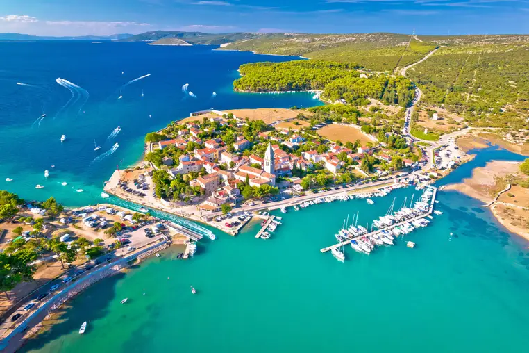 Town of Osor aerial view, bridge between Cres and Mali Losinj islands, Adriatic archpelago of Croatia