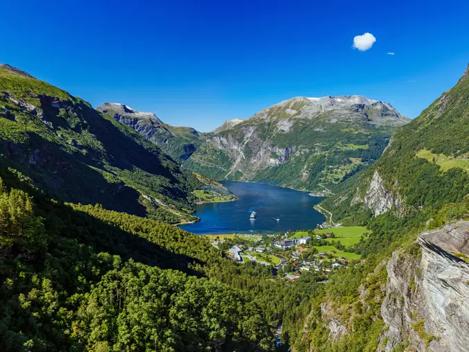 Beautiful view of Geiranger fjord, Beautiful Nature Norway. Travel by ferry in Geiranger. Panorama